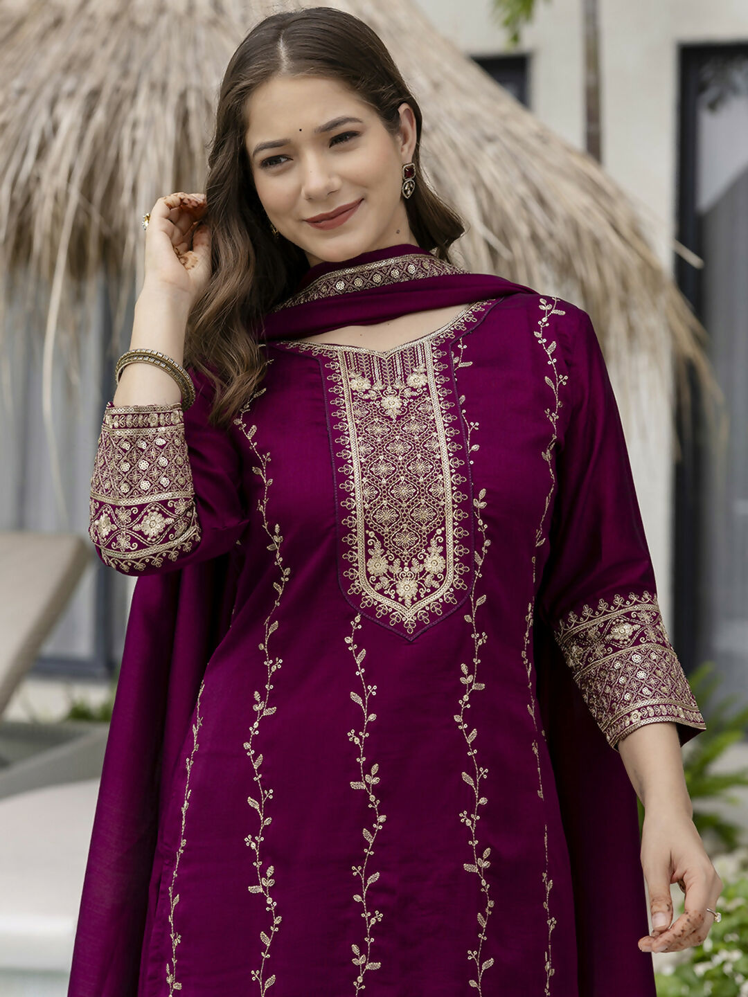 The52 Wine Beautiful Embroidered Vichitra Silk Fabric Straight Kurta, Palazzo and Dupatta Set - Distacart