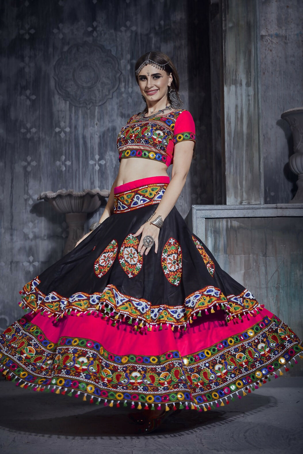 AI Fashion Black-Pink Art Silk Designer Navratri Lehenga Choli Collection