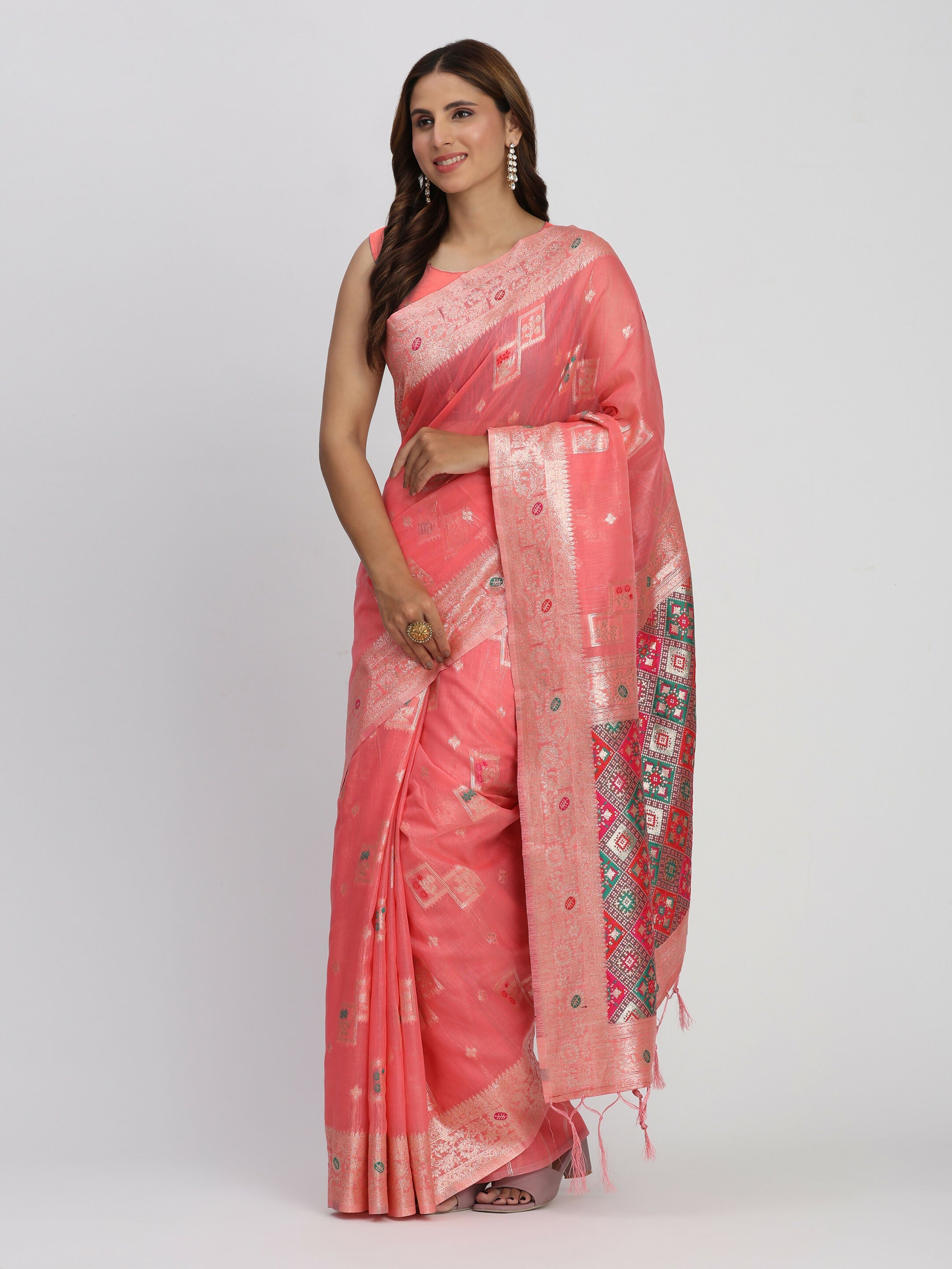 Shree Shyam Fashion Linen Cotton Peach Saree - Distacart