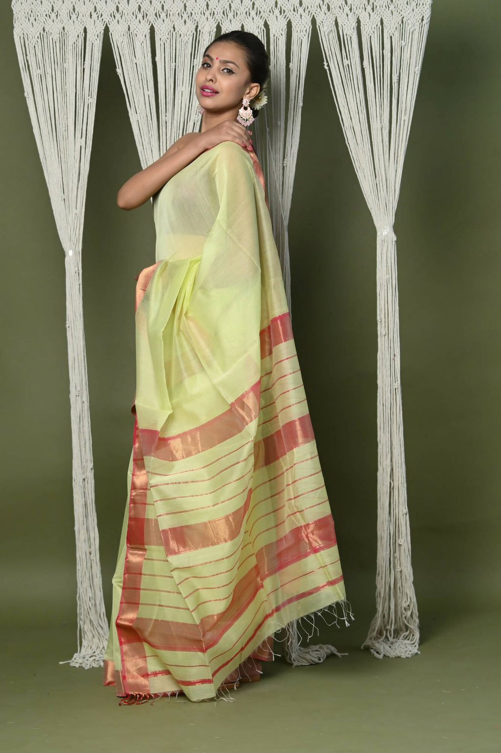 Very Much Indian Handloom Cotton Silk Maheshwari Saree With Sleek Golden Border - Chartreuse Green