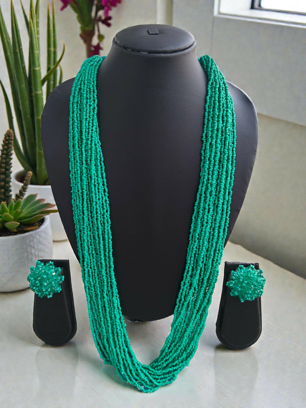 Inhanns Rangsaaz 20-Layer Luxe Long Beaded Necklace (With Optional Statement Earrings) - Sea Green With Earring