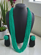 Inhanns Rangsaaz 20-Layer Luxe Long Beaded Necklace (With Optional Statement Earrings) - Sea Green With Earring