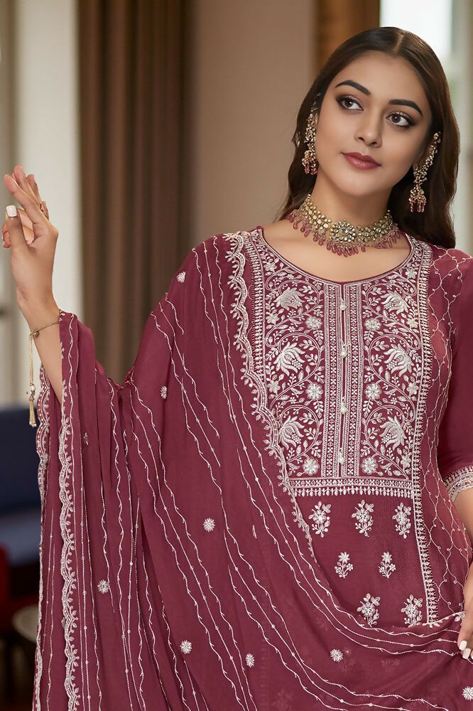 EthnicFestive Wear Premium Chinon Fabric Maroon Stitched Suit With Dupatta-Zeeya