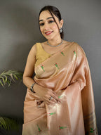 Joban Fashion Peach Peacock & Floral Motifs Tissue Paithani Saree - Distacart
