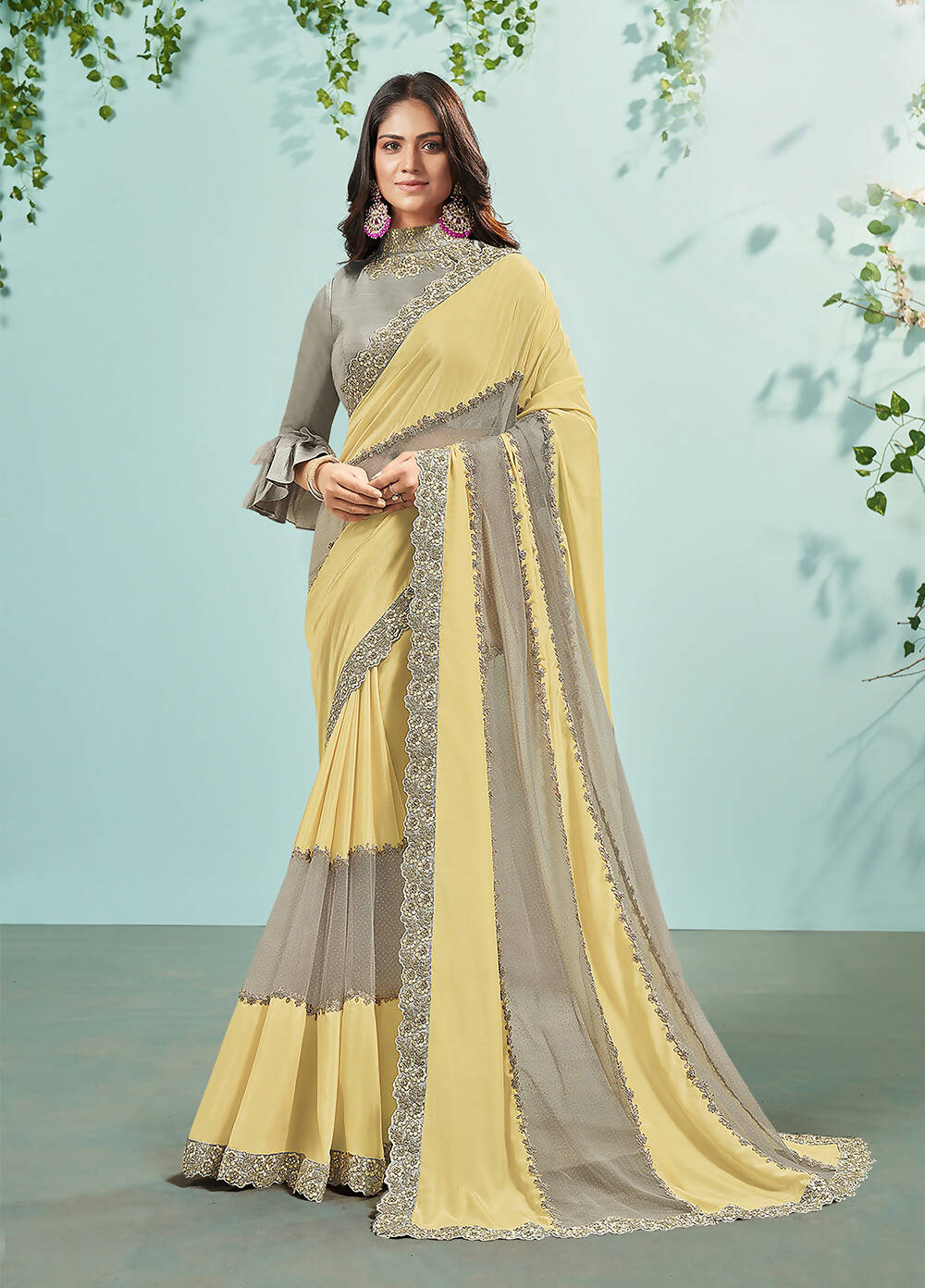 Yellow & Grey Silk Glitter Georgette Texture Saree With Unstitched Blouse Piece - Norita Ikshita