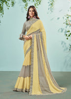 Yellow & Grey Silk Glitter Georgette Texture Saree With Unstitched Blouse Piece - Norita Ikshita