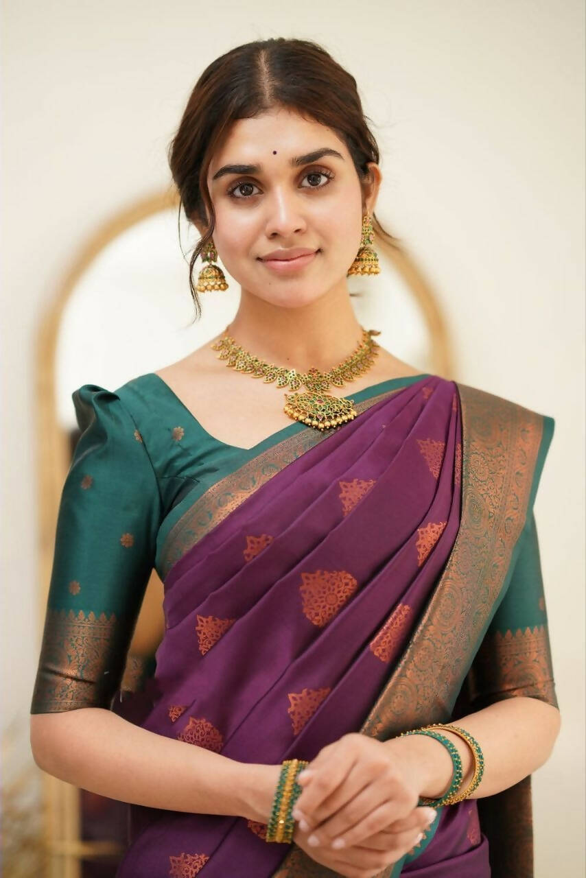 DEIANA'S Beautiful Designer Golden zari Soft Lichi Silk Saree - Purple