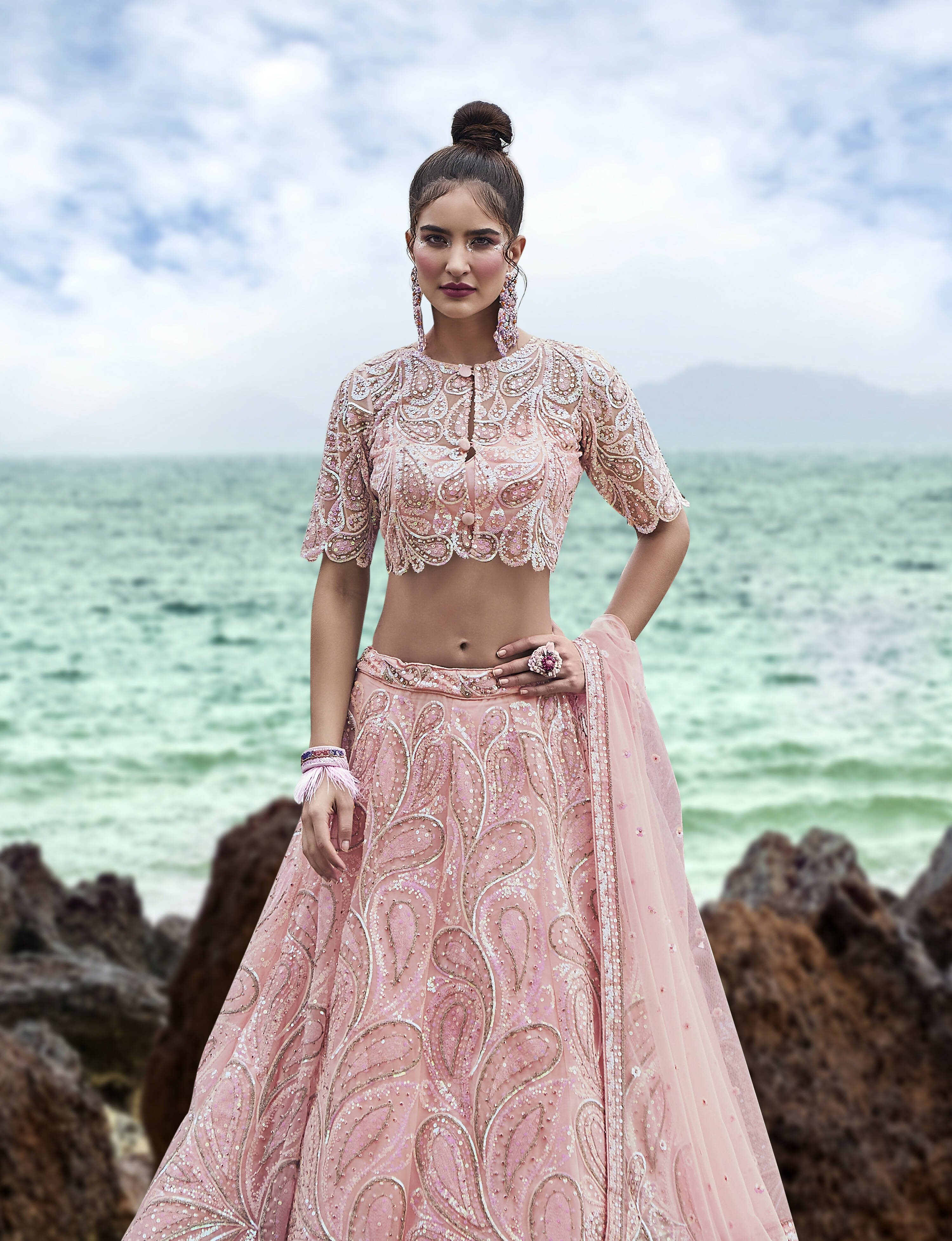 House of Panchhi Coral Net Multi Sequins with heavy Zarkan embroidery Lehenga choli & Dupatta