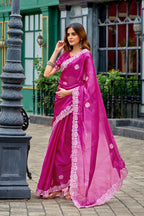 Vastranavya Pink Embroidery Work Shimmer Chiffon Saree with Unstitched Blouse - Distacart