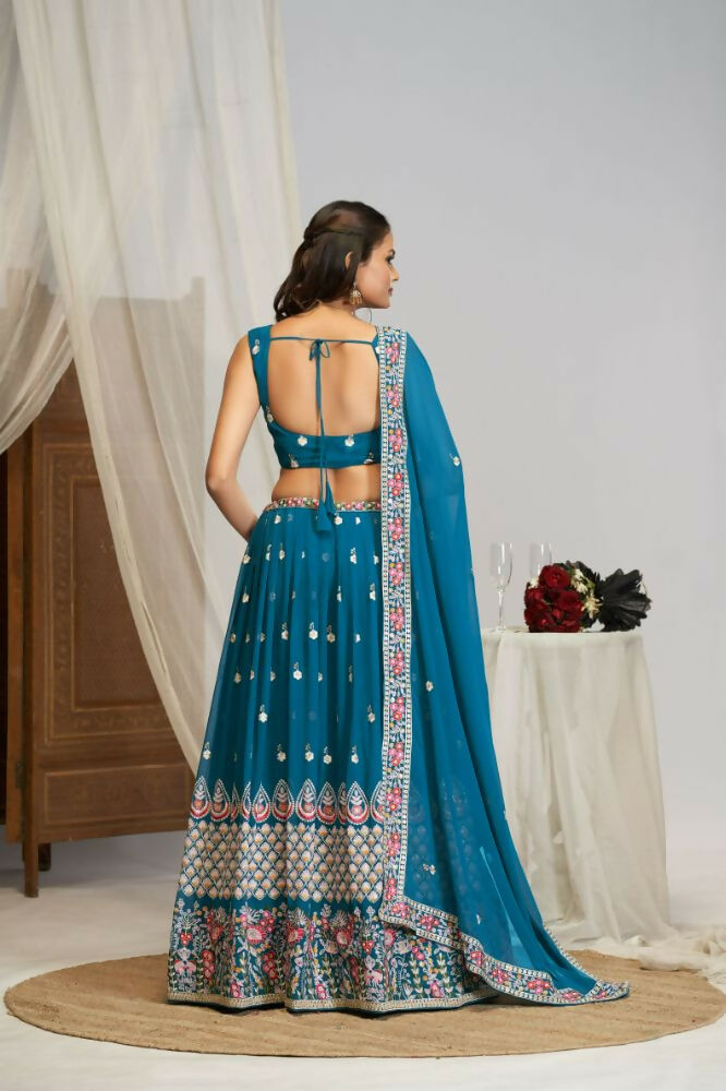 White Multicolor Thread Sequence Embroidery Work Georgette Lehenga Choli Set - Jihu Culture