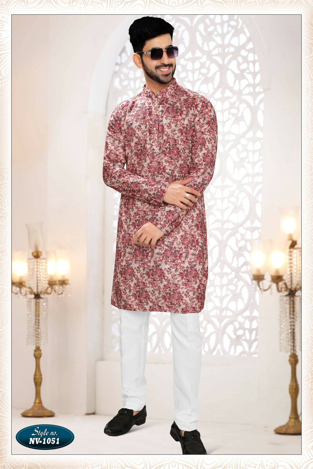 Joban Fashion Men's Pinkish Red Straight Rayon Thread Embroidery All Over Kurta Set