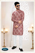 Joban Fashion Men's Pinkish Red Straight Rayon Thread Embroidery All Over Kurta Set