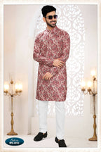 Joban Fashion Men's Pinkish Red Straight Rayon Thread Embroidery All Over Kurta Set