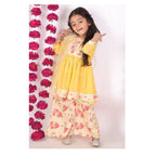 Little Bansi Girls Rose print Kurta Frock with Floral Plazzo and Dupatta - Yellow