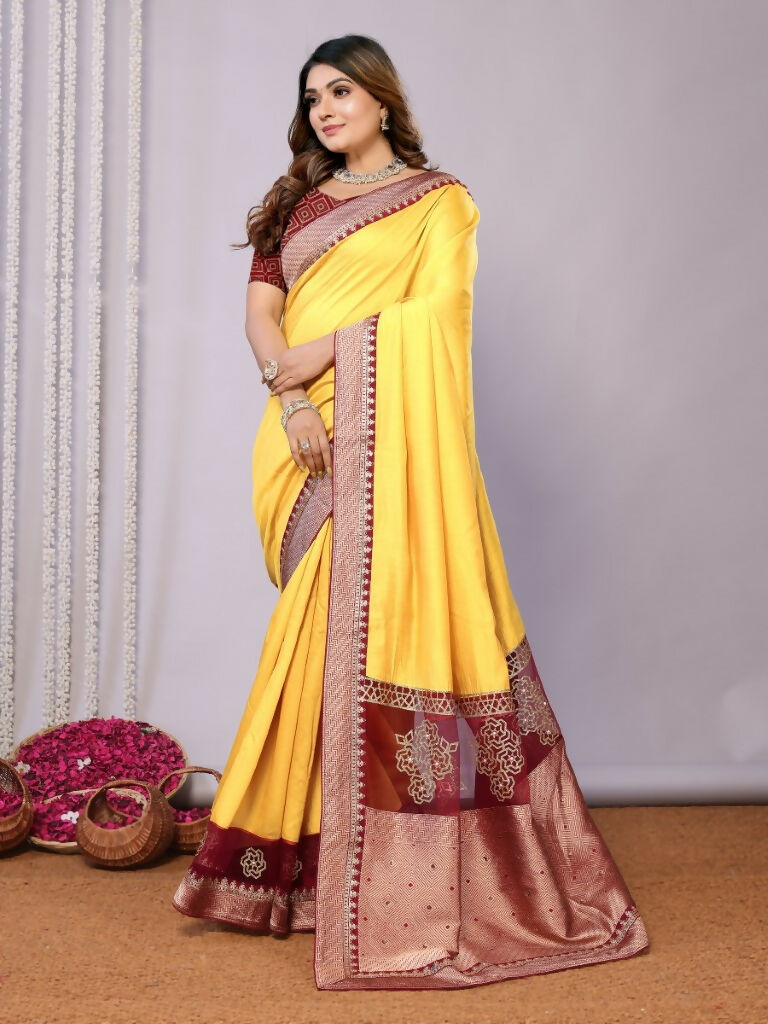 Yellow Silk Georgette Cord And Sequins Embroidery Laser Cut Applique Work Saree - Norita Saumya