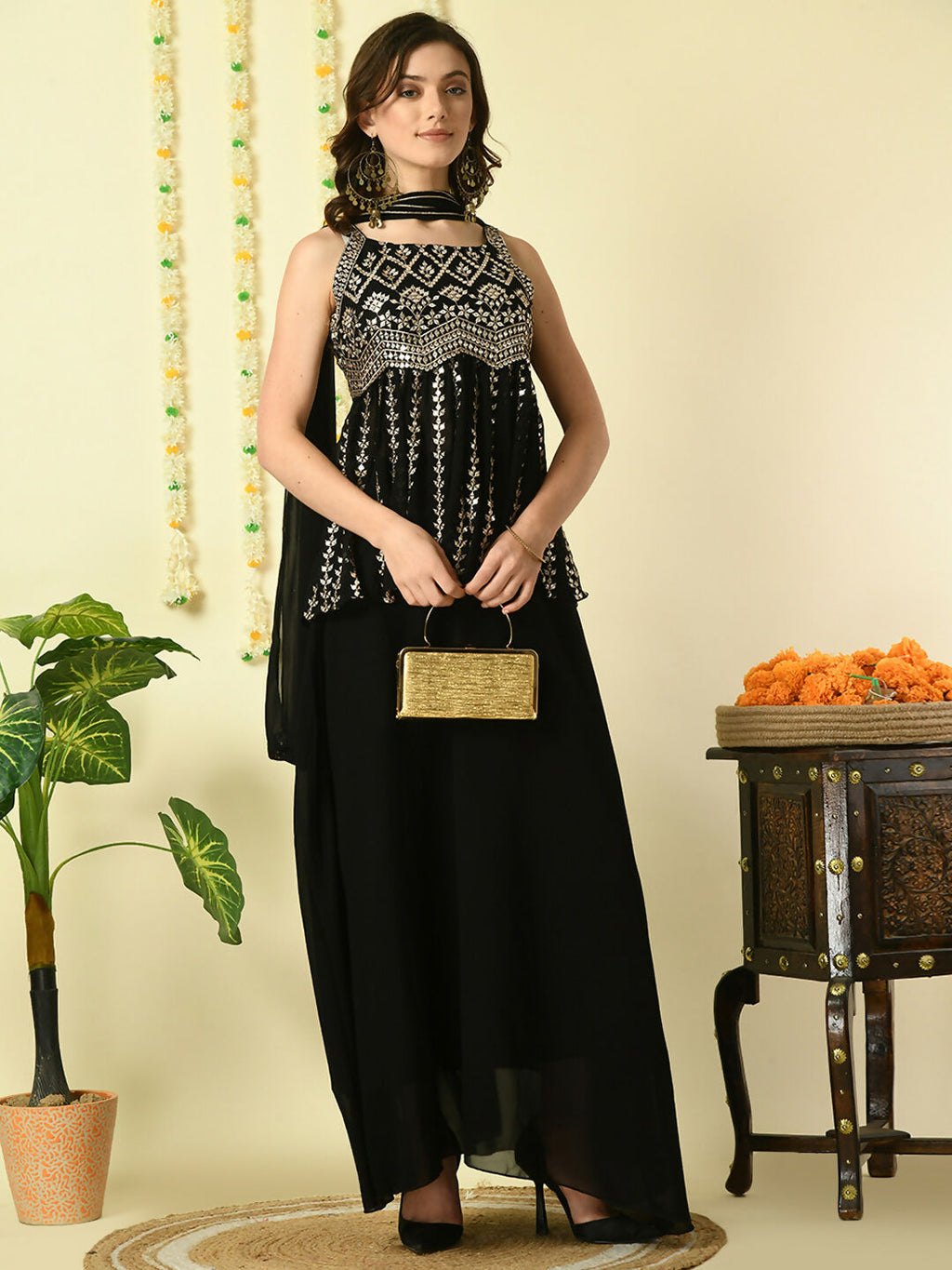 Myshka Women's Black Georgette Top & Skirt With Dupatta Party Sets