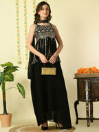 Myshka Women's Black Georgette Top & Skirt With Dupatta Party Sets