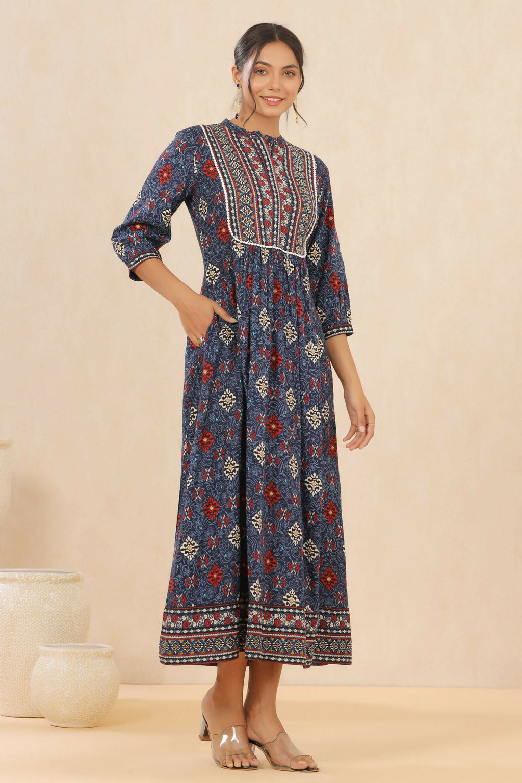 Juniper Indigo Floral Printed Rayon Maxi dress with Lace Work - Distacart
