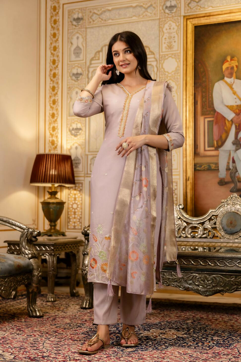 The52 Lavender Women's Beautiful Viscose Shimmer Fabric Embroidered Work Straight Kurta Pant and Dupatta Set - Distacart