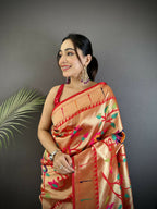 Joban Fashion Reddish Pink Floral & Leaf Soft Silk Paithani Saree - Distacart