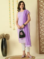 Myshka Women's Lavender Georgette Sleeveless Straight Party Kurta With Dupatta Set