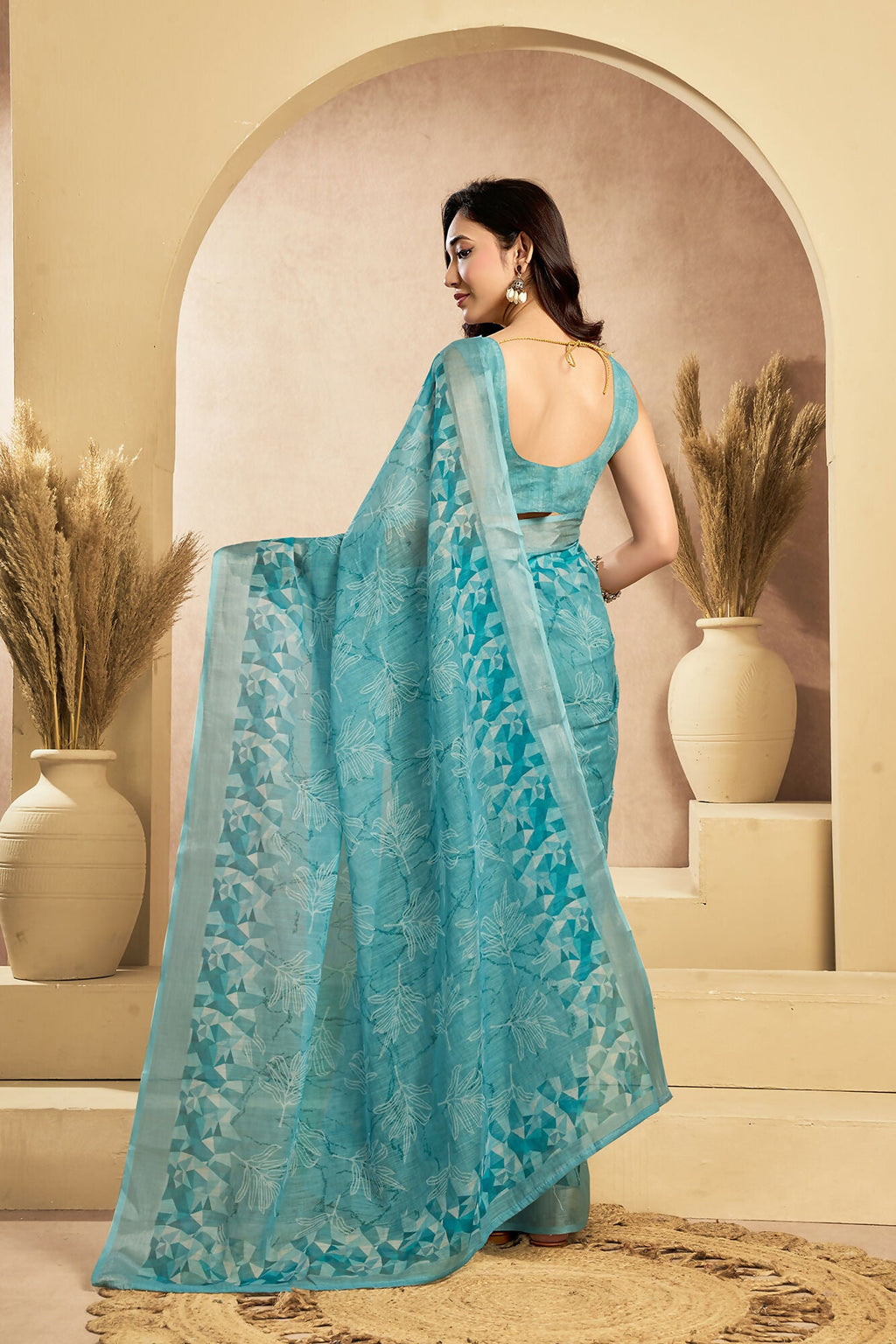 Vastranavya Sky Blue Digital Printed Linen Ready To Wear Designer Saree with Unstitched Blouse - Distacart
