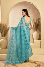 Vastranavya Sky Blue Digital Printed Linen Ready To Wear Designer Saree with Unstitched Blouse - Distacart