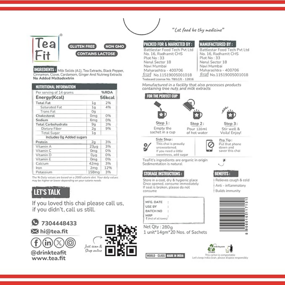 TeaFit Premium NO SUGAR Instant Masala Tea Premix - Distacart
