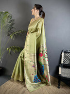 Joban Fashion Pista Green Peacock & Floral Motifs Tissue Paithani Saree