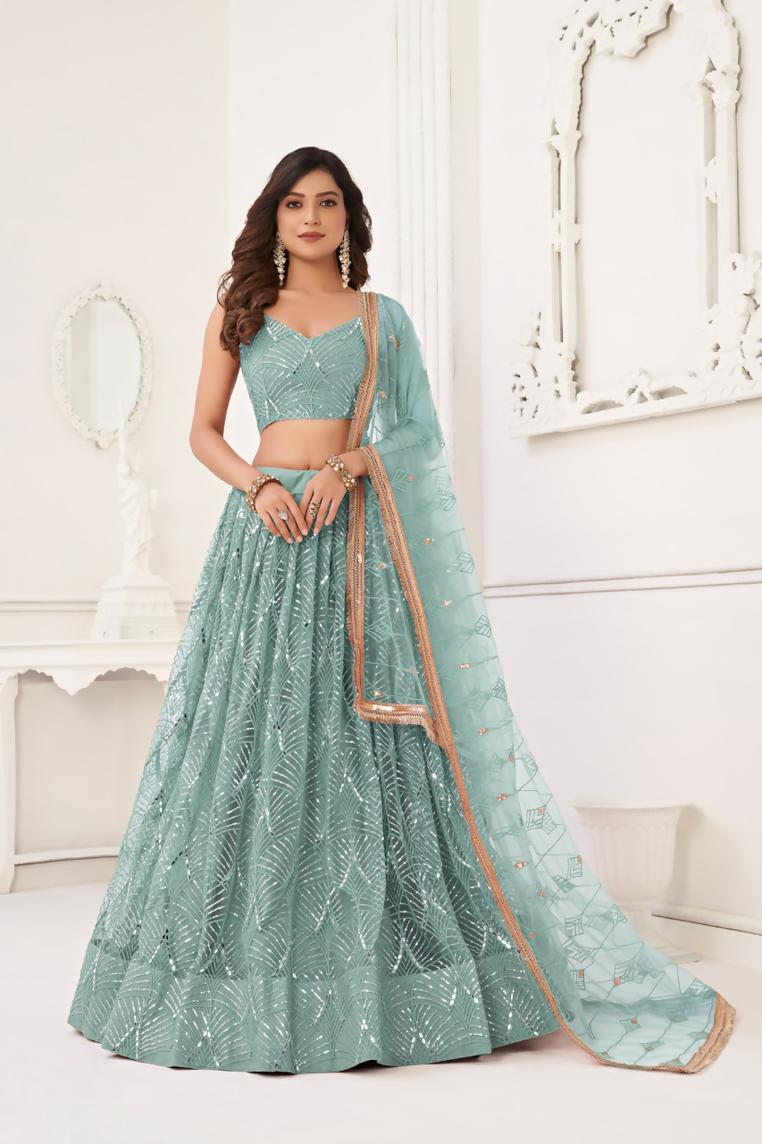 Eilara Glamorous Ocean Blue Net With Sequins And Thread Embroidery Real Mirror Work Lehenga Choli For Wedding