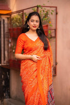 Orange Silk Blend Ajrak Saree with Unstitched Blouse - A2M