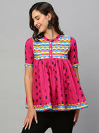 Pink & Black Pure Cotton Printed A-Line Top - Bosky