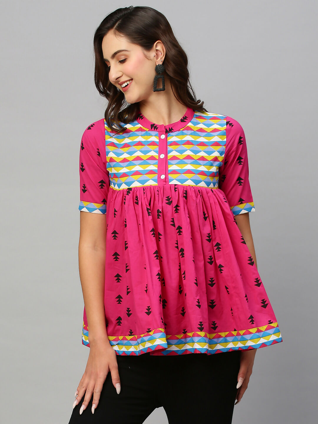 Pink & Black Pure Cotton Printed A-Line Top - Bosky