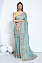 Blue Net Organza Silk Thread Emboidered with Stone Work Saree - Nimaya Benzy