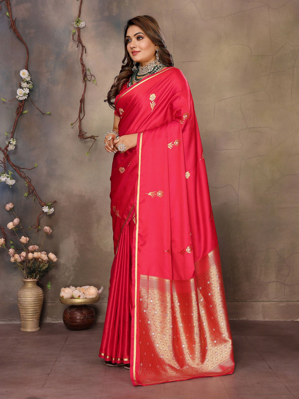 Joban Fashion  Brick Red Floral & Botanical Motifs Satin Silk Banarasi Silk Saree - Distacart