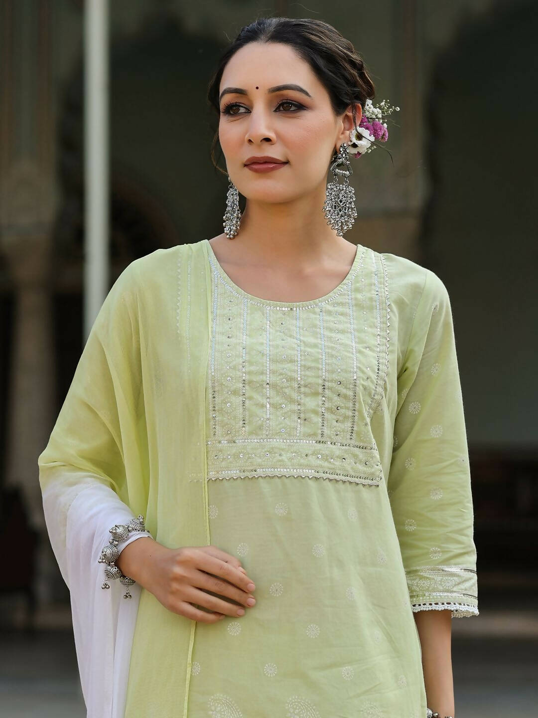 Juniper Women's Lime Green Cambric Floral Print Kurta Sharara Sets - Distacart