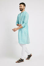 Ethnic India Blue Men's Kurta Embellished Polyester
