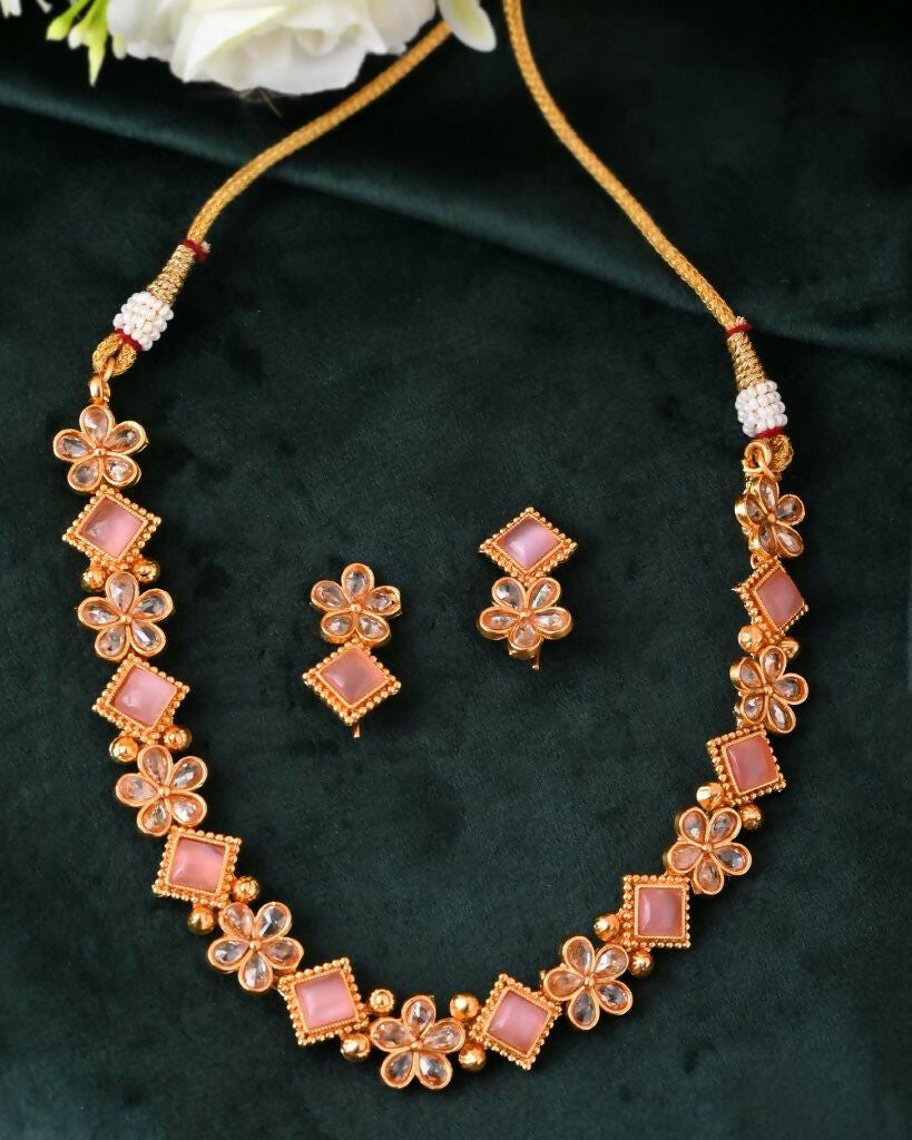 VOJ Gold Tone Kundan And Pink Stone Studded Jewellery Set