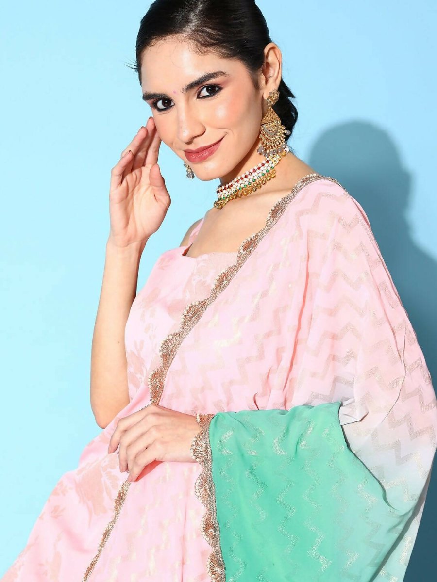 Ahalyaa Women's Baby Pink Crepe Gold Smoke Printed Kurta Sharara Set With Dupatta - Distacart