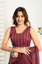 Joban Fashion Maroon Ethnic Motifs Linen Ready To Wear Saree With Unstitched Blouse - Distacart