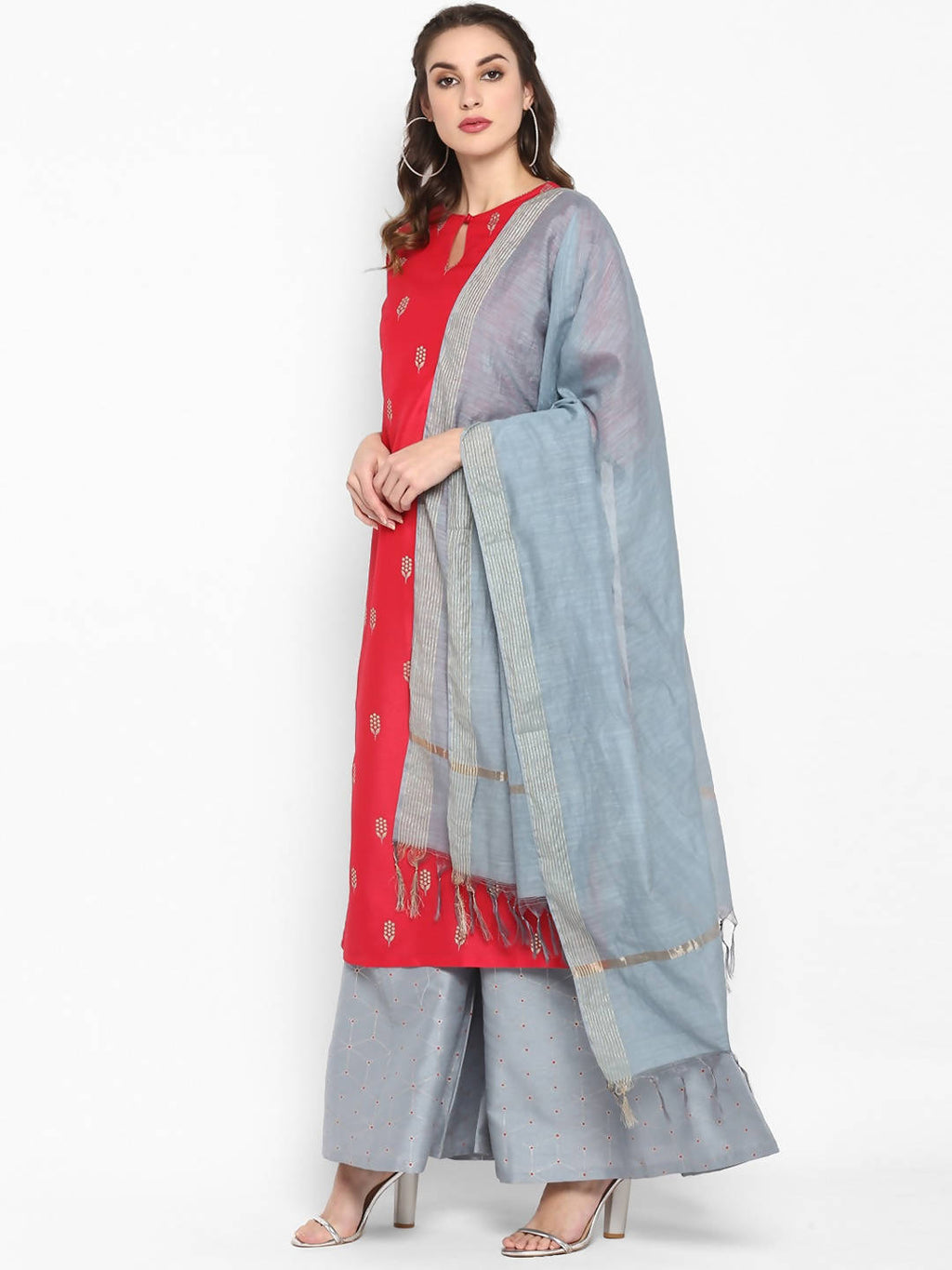 Janasya Red Poly Silk Kurta With Palazzo and Dupatta - Distacart
