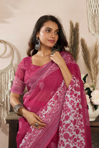 Joban Fashion Pink Floral Linen Ready To Wear Saree With Unstitched Blouse - Distacart