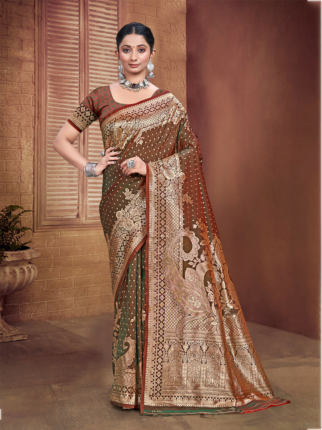Sangam Prints Dark Brown Silk Woven Work Traditional Saree