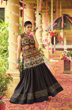 Teeya Creation Black Colour Rayon Silk Embroidery Work Fully Stitched Navratri Lehenga