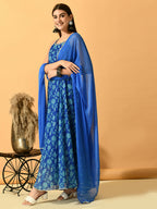 Myshka Women's Blue Festive Flared Anarkali Kurta With Dupatta sets