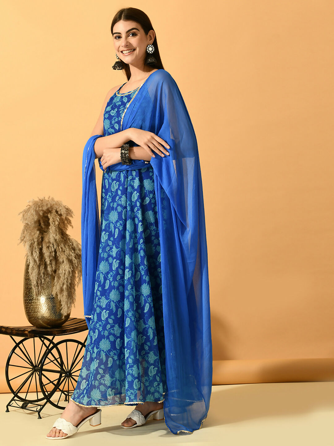 Myshka Women's Blue Festive Flared Anarkali Kurta With Dupatta sets