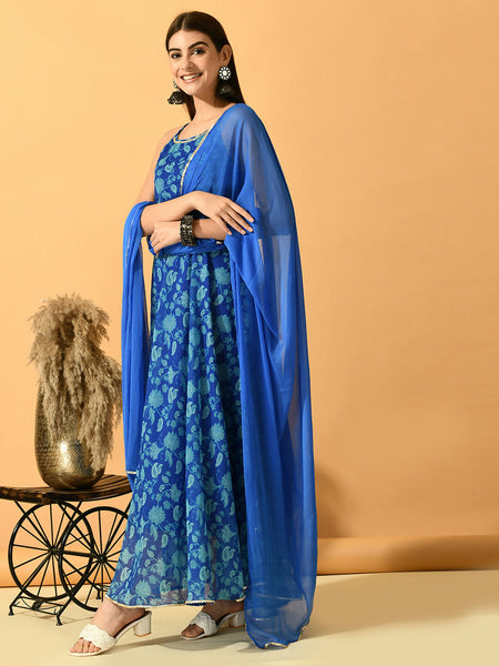Myshka Women's Blue Festive Flared Anarkali Kurta With Dupatta sets