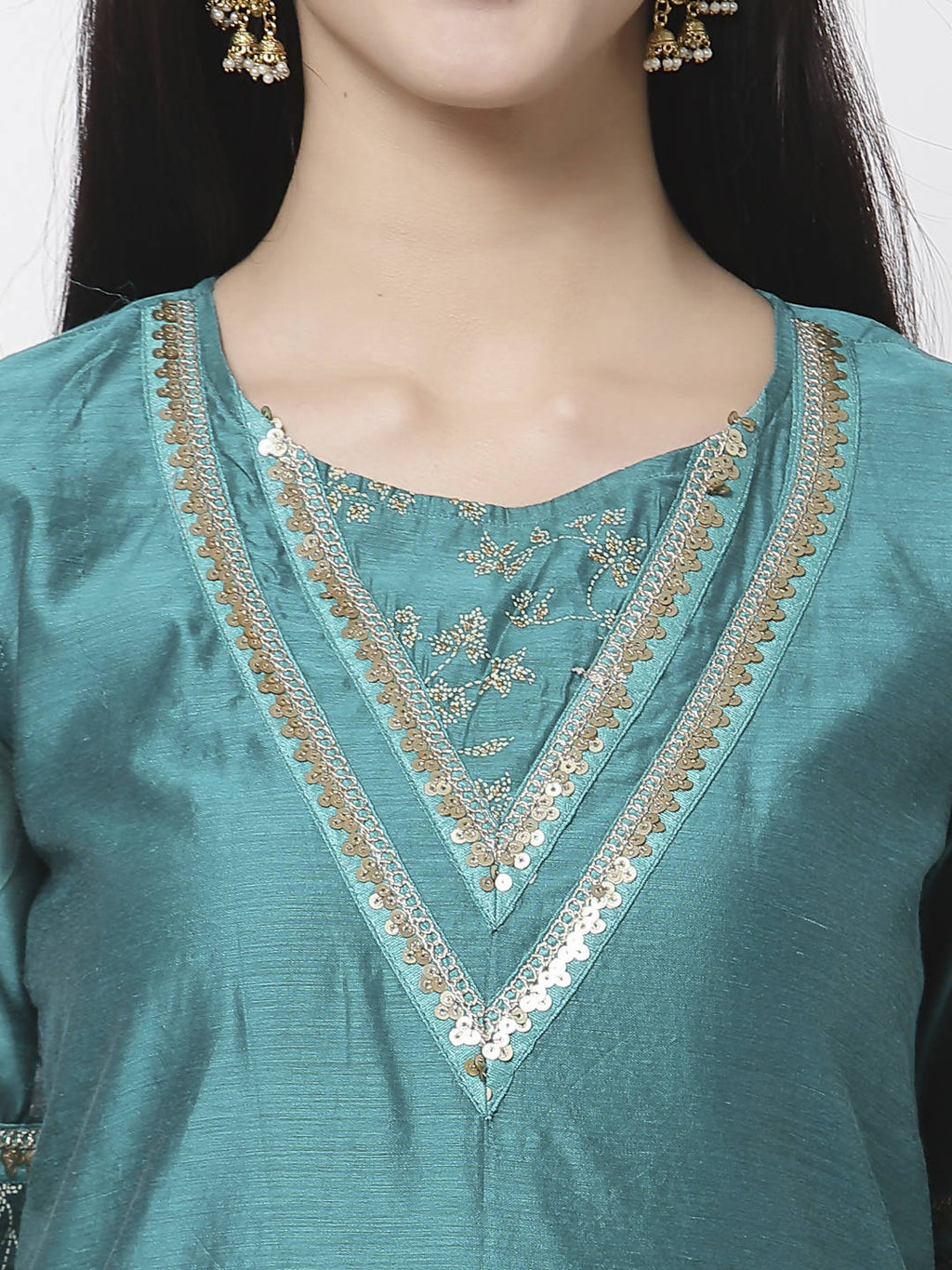 Myshka Women Teal Chanderi Solid Half Sleeve Round Neck Kurta