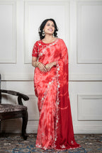 Morchari Red Crepe Hand Embroidery Saree And Stitched Blouse - Distacart