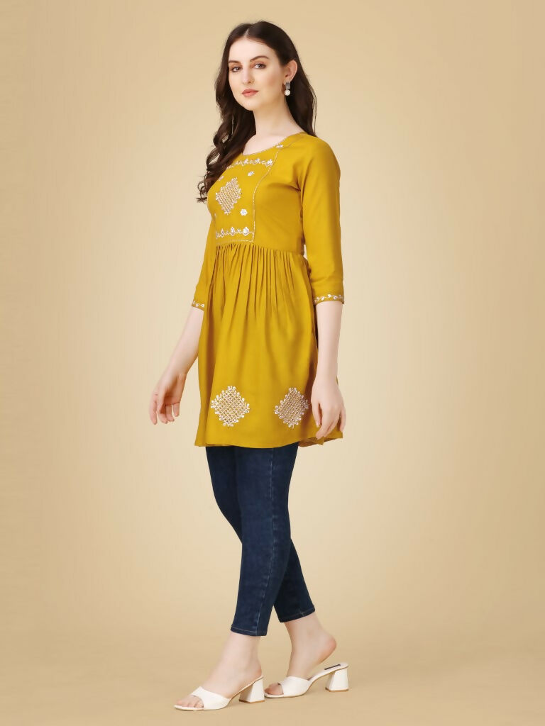 Jyoti Fashion Women's Mustard Viscose Rayon Embroidered Casual Top